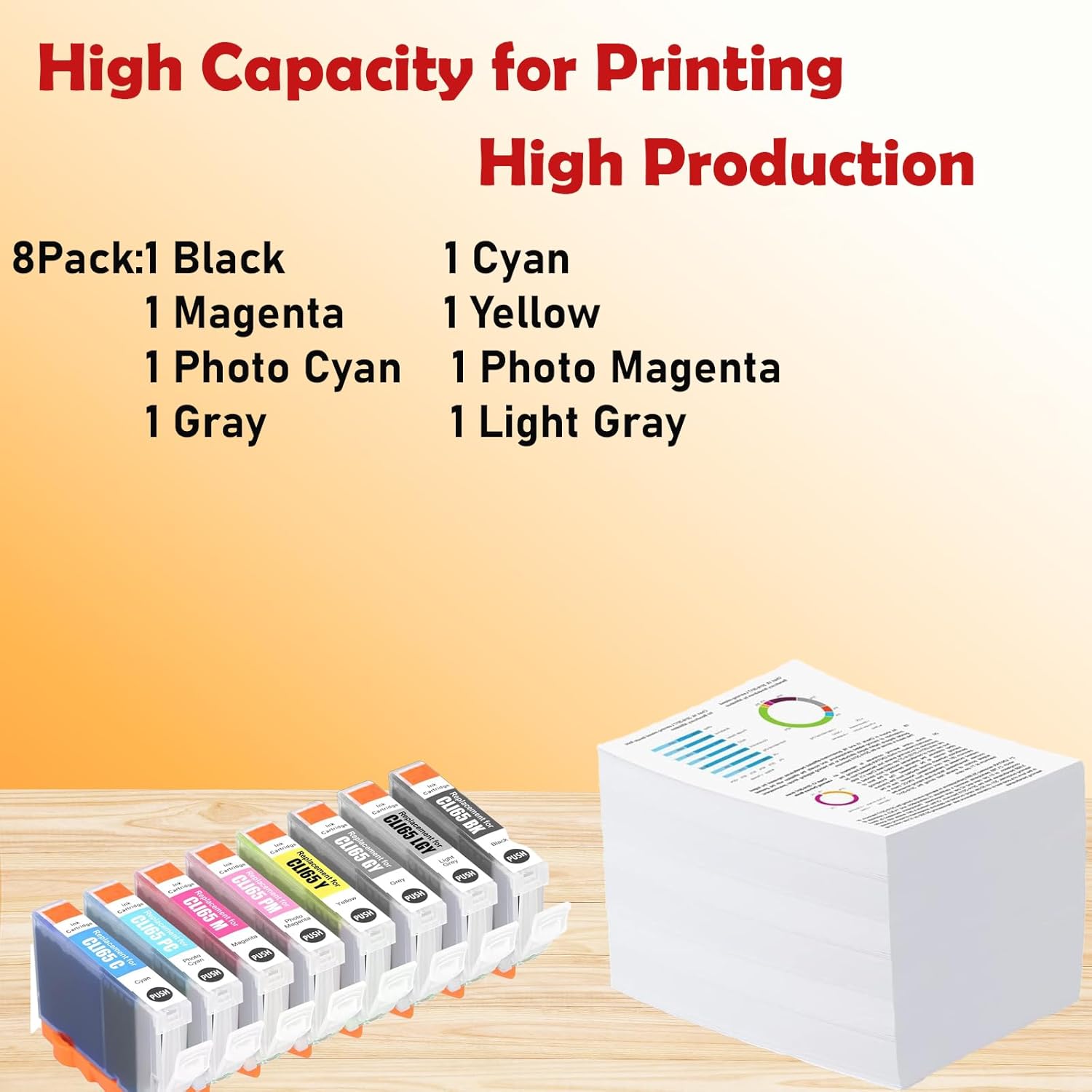 CLI-65 Remanufactured CLI65 Ink Cartridge for PIXMA PRO-200 Professional Photographic Inkjet Printer 8 Packs