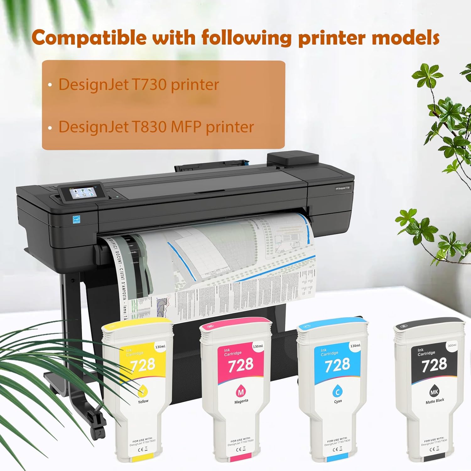 728 Ink Cartridges Compatible 728xl Ink Cartridges Replacement for DesignJet T730 & T830 MFP Large Format Plotter Printers (300ml Matte Black/130ml Cyan Magenta Yellow)