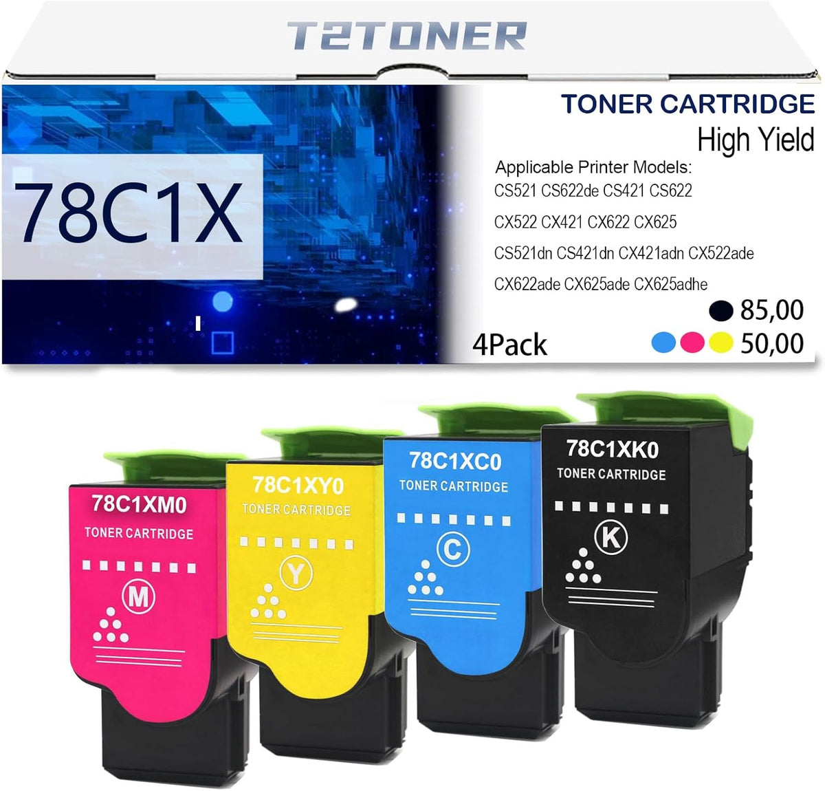 78C1X High Yield Toner Cartridge Remanufactured 78C1XK0 78C1XC0 78C1XM0 78C1XY0 Replacement for CS421 CS521 CS622 CX522 CX421 CX622 CX625 CS622de CS521dn CS421dn CX421adn Printer.(4-Pack)