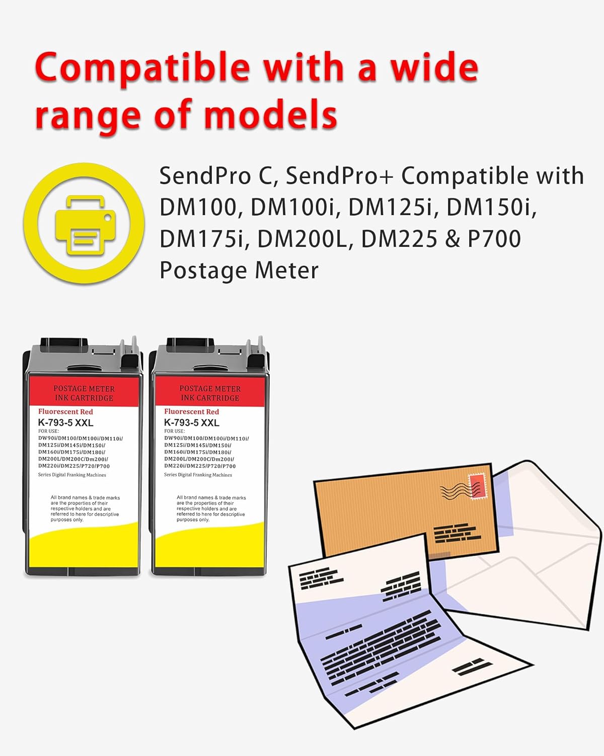793-5 / SL-798-0 XXL Fluorescent Red Ink Cartridges Replacement for PB SendPro C, SendPro+ Compatible with DM100, DM100i, DM125i, DM150i, DM175i, DM200L, DM225 & P700 Postage Meter (45ml-2Pack)